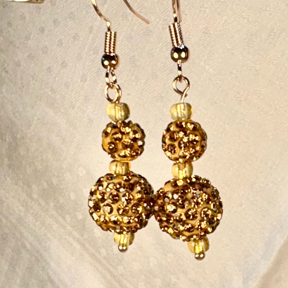 Elegant Tan/Gold Beaded Earrings Gold Disco Balls with Accent Beads